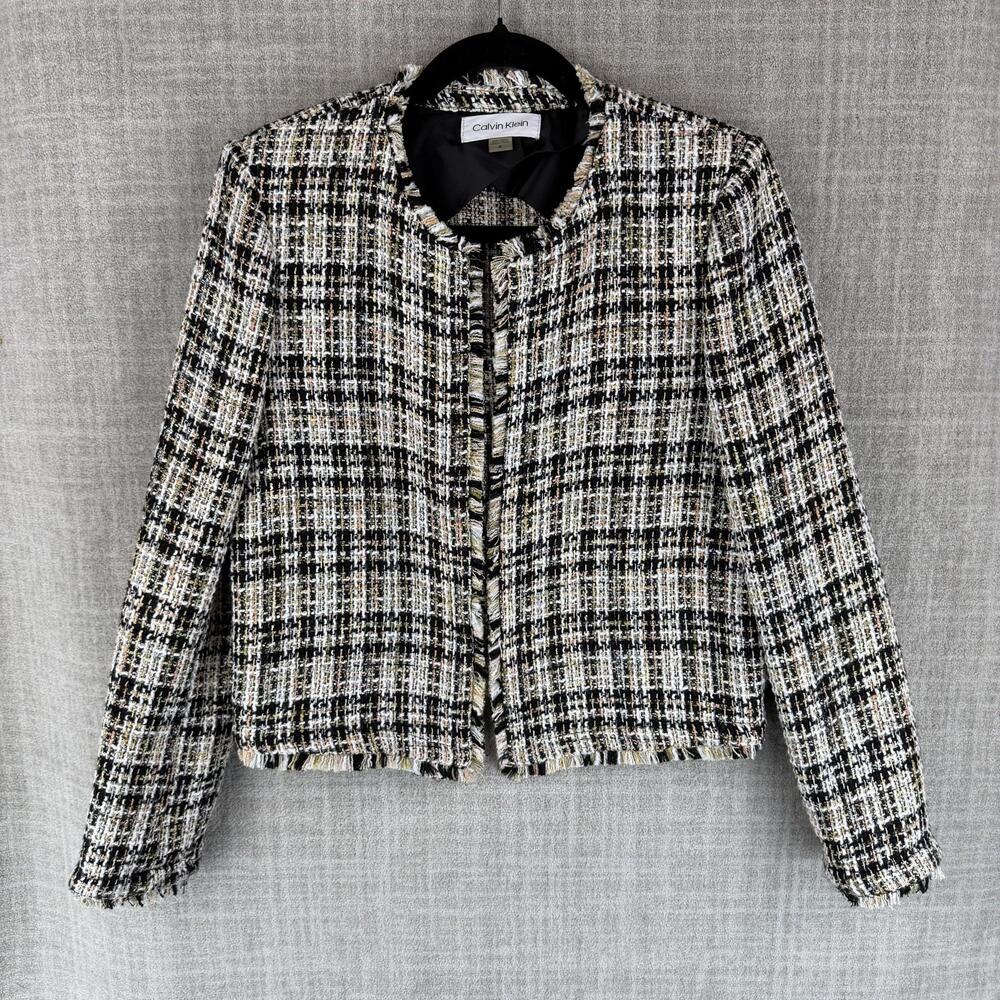 Calvin Klein Jacket Womens 6 Multicolor Collarless Lined Short Tweed Fringe